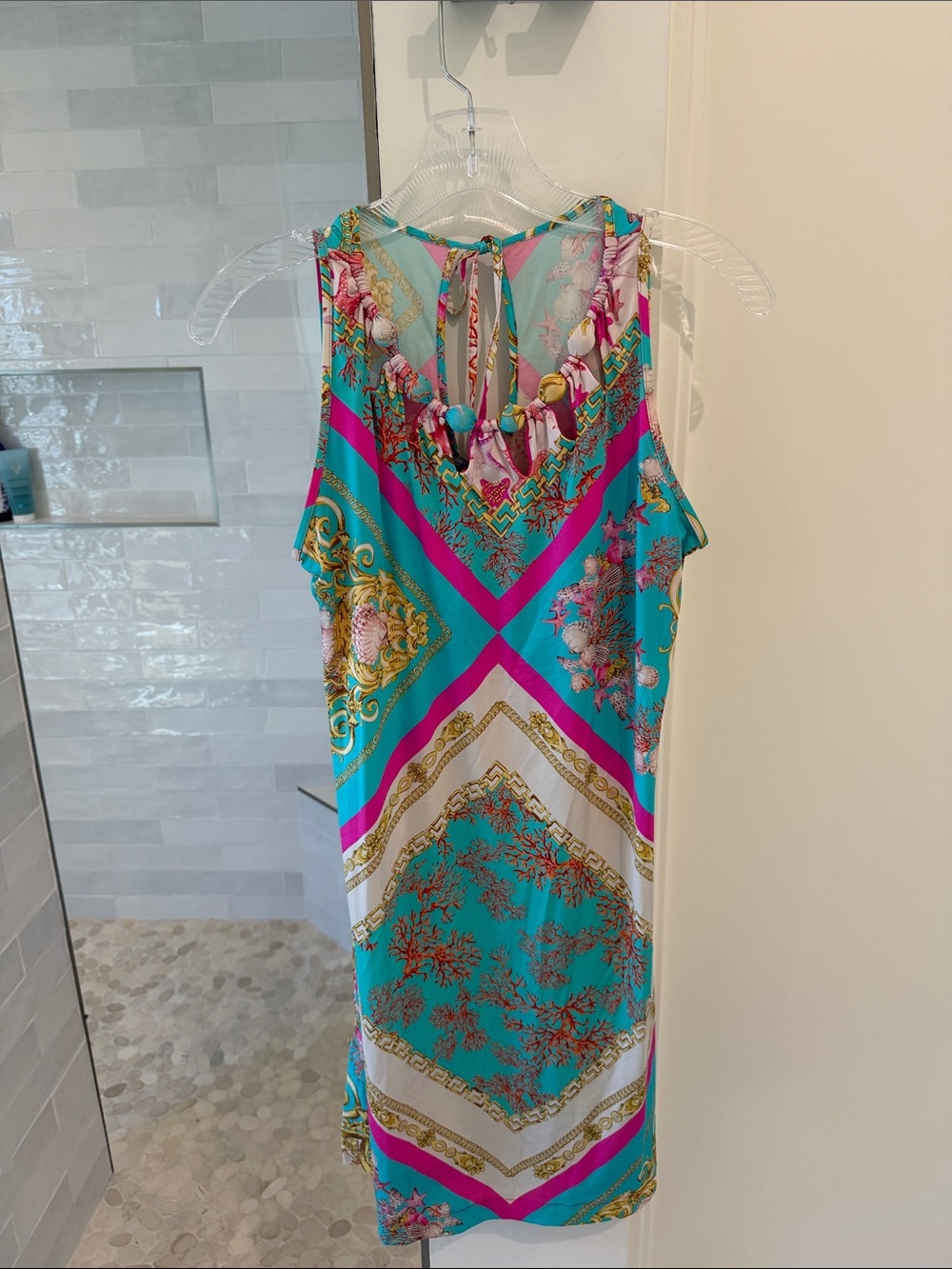 Blumarine Jersey Turquoise & Pink Baroque-Print Sleeveless Mini Dress